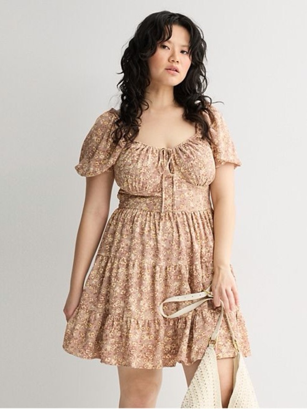 Blush Floral Puff-Sleeve Tie-Front Mini Dress